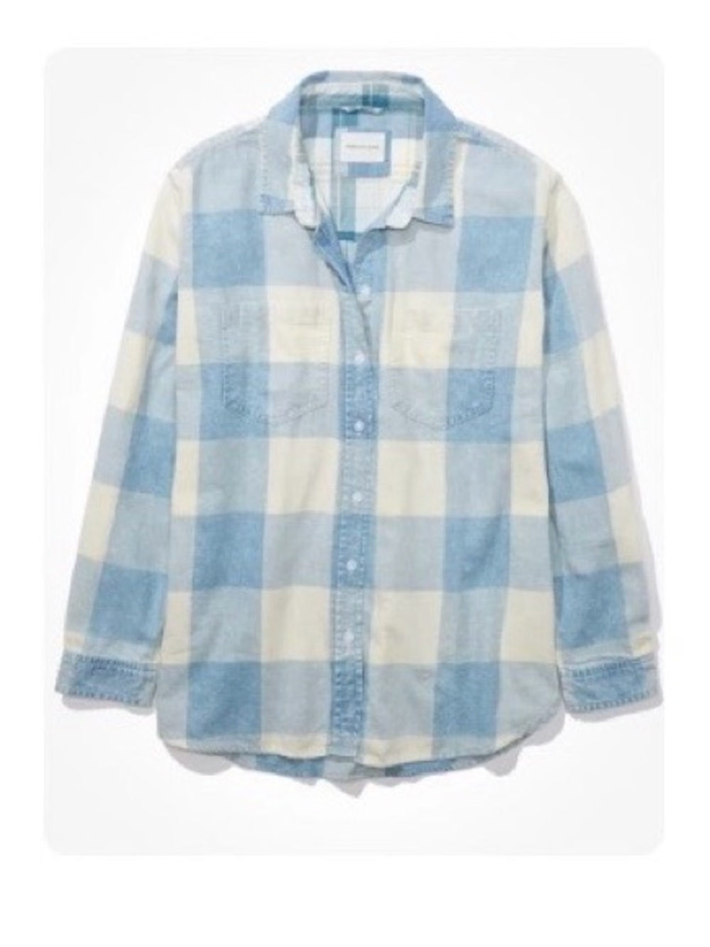 American Eagle Outfitters Light Blue and Cream Plaid Button-Down Shirt
